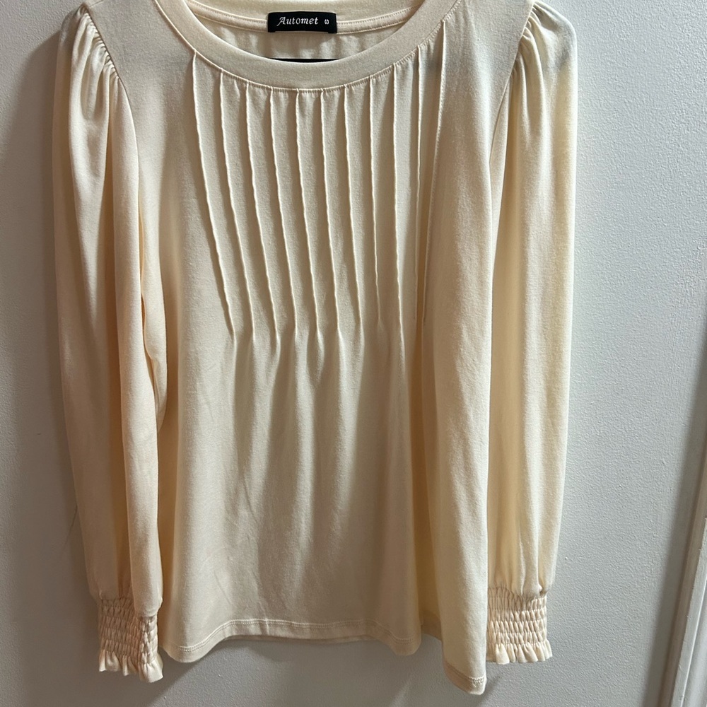 Automet Womens Long Sleeve Pintuck Pleated Blouse Smocked Cuff Ivory Cream Small